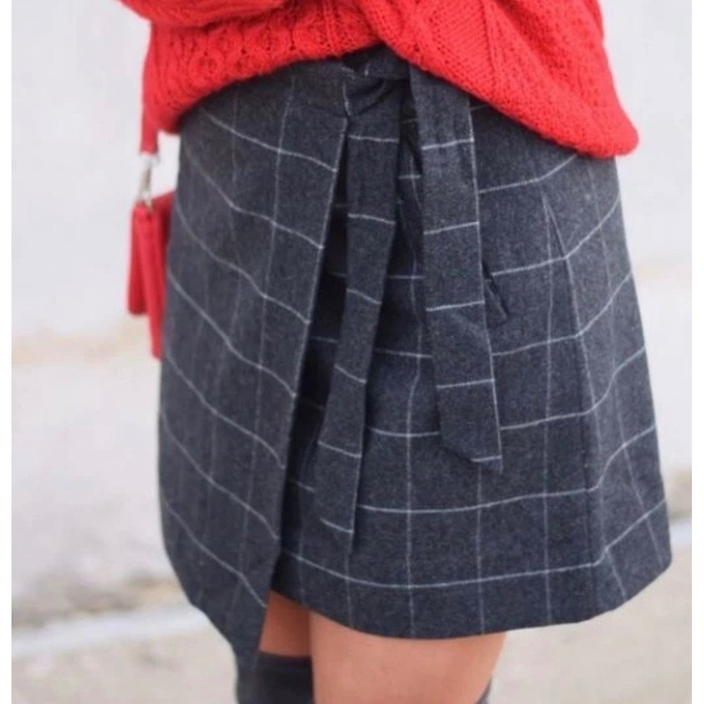 J Crew Skirt Women 6 Gray Windowpane Wool Blend Wrap Tie‎ Mini Academic Preppy